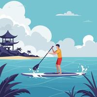 Man Stand Up Paddle Boarding in Calm Ocean with Island View vector