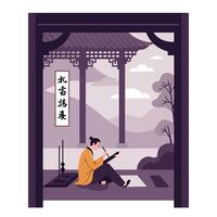 Person Writing in Pavilion with Chinese Calligraphy and Landscape View vector