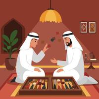 Men Playing Traditional Game Indoors in Middle Eastern Style Setting vector