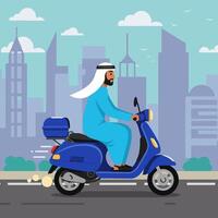 Man Riding Blue Scooter Through City with Buildings in Background vector