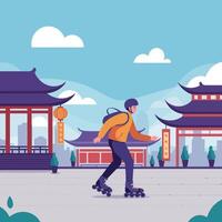 Person Roller Skating Near Asian Style Buildings on Sunny Day vector