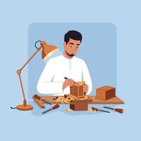 Man Carving Wooden Box with Chisel Under Desk Lamp Light vector