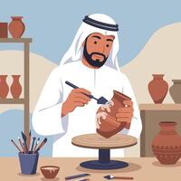 Man Crafting Pottery on Wheel with Tool in Studio Setting vector