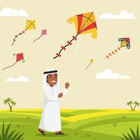 Man Flying Colorful Kites in an Open Field on a Sunny Day vector