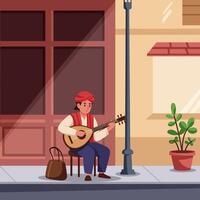 Man Playing Stringed Instrument Sitting on Stool in Cityscape vector