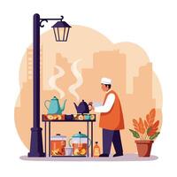 Man Pouring Tea From Kettle at Street Vendor Stall Illustration vector