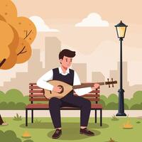 Man Playing Stringed Instrument on Bench in Park Illustration vector