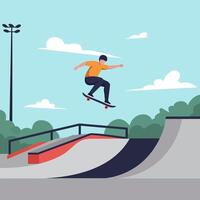 Skateboarder Performs a Trick at Skatepark with Ramp and Sky vector