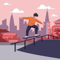 Skateboarder Grinding Rail at Skatepark with City Skyline Backdrop vector