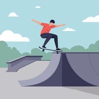 Skateboarder Performs Trick on Ramp in Skatepark with Cloudy Sky vector