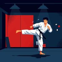 Man Practicing Martial Arts Kick in Indoor Training Room Setting vector