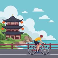 Person Cycling Near Asian Temple with Lanterns and Ocean View vector