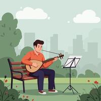 Man Playing String Instrument in Park with Musical Notes Stand vector