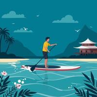 Man Paddle Boarding on Calm Ocean Near Shoreline with Lush Flora vector