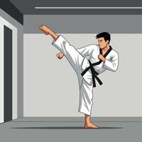 Man Practicing High Kick in Martial Arts Training Indoors vector