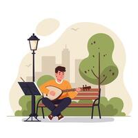 Man Playing Stringed Instrument on Park Bench with City Backdrop vector