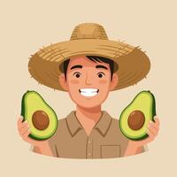 Holding Fresh Avocados Smiling Man Wearing Hat Farm Fresh Produce vector