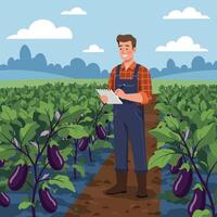 Farmer Inspecting Eggplant Crop While Writing in Field Notebook vector