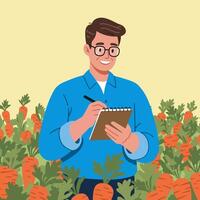 Man Inspecting Carrots in Garden Writing on Notepad Agriculture Concept vector