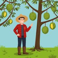 Farmer Pointing to Durian Fruit Growing on Tree in Orchard vector