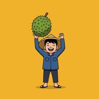Happy Cartoon Man Holding Up a Big Durian Fruit vector