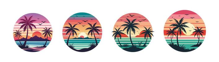 Tropical Sunset Illustrations with Palm Trees Set vector