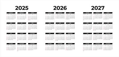 Three-Year Calendar Layout 2025 to 2027 Set vector