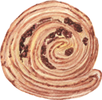 A round raisin croissant that is drawn and painted by hand in watercolor fine art style png