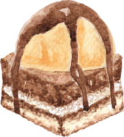 A vanilla icecream cake topping with chocolate that is drawn and painted by hand in watercolor fine art style png