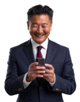A man in a suit is smiling and holding a cell phone png