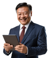 A man in a suit is holding a tablet computer png