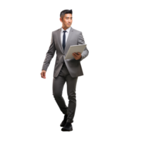 A man in a suit and tie is walking with a laptop png