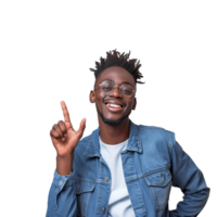 A man in glasses and a denim jacket is making a peace sign png