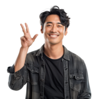 A man is making a peace sign with his hands png