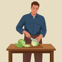 Man Cutting Green Cabbage on Wooden Table Preparation for Cooking vector