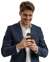 uma homem dentro uma terno é sorridente enquanto usando dele telefone png