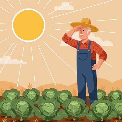 Farmer Looking Over Cabbage Field in Sunlight Illustration