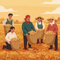 Farmers Harvesting Crops in Field with Woven Baskets and Smiling Faces vector