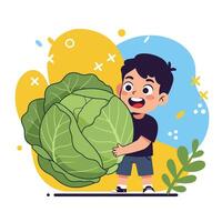 Boy Holding Large Cabbage with Smiling Face Colorful Background Illustration vector