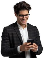 uma homem dentro óculos e uma terno é sorridente enquanto usando dele telefone png