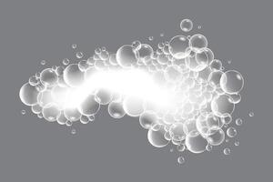 Soap bubbles, displaying unique designs, gracefully float on a plain gray surface vector