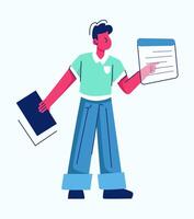 Programmer at work process illustration. With laptop flat style concept. Specialist coding new project using computer. Software coding testing debugging vector