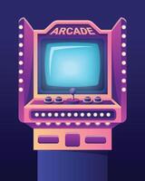 Arcade game machines isolated on black background. cartoon illustration of retro computer gaming cabinet with buttons, joystick console, coin slots, menu options text on neon display vector