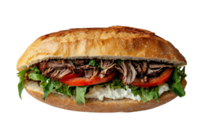 Delicious sandwich with pulled meat, tomatoes, and cheese png