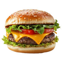 Classic cheeseburger. A juicy beef patty, melted cheese, crisp lettuce, and ripe tomatoes nestled between toasted sesame seed buns png
