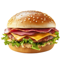 ClasClassic cheeseburger. A juicy beef patty, melted cheese, crisp lettuce, and ripe tomatoes nestled between toasted sesame seed buns png
