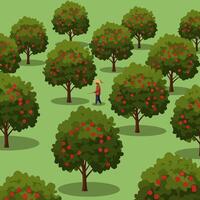 Walking Through Orchard with Fruit Trees in Cartoon Style Illustration vector