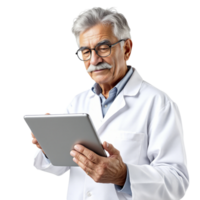 An older man in a lab coat holding a tablet computer png