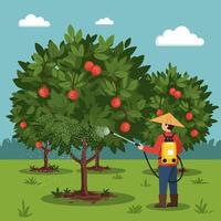 Spraying Fruit Trees in Orchard with Sprayer Wearing Hat and Boots vector