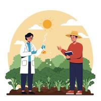 Scientist Examining Sample While Farmer Observes Broccoli Field Growth vector